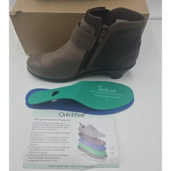 Orthofeet Bioheel Emma Ankle Boots‎ Brown Taupe Leather Buckle Heel 11